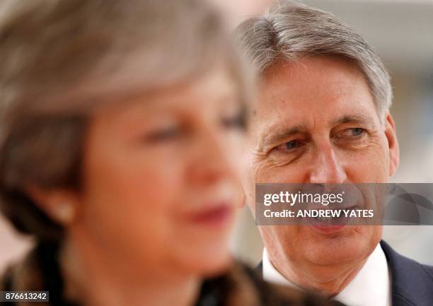 Britain's Prime Minister Theresa May and Britain's Chancellor of the Exchequer Philip Hammond react during a visit an engineering training facility...