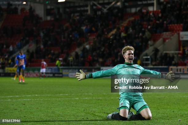 Dean Henderson of Shrewsbury Town celebrates during the Sky Bet League One match between Rotherham United and Shrewsbury Town at The New York Stadium...