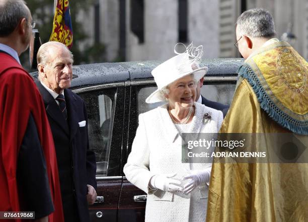 Britain's Queen Elizabeth II and Prince Philip arrive at Westminster Abbey in central London, 19 November 2007. Royal family and friends gathered in...