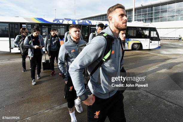 Jordan Henderson and Alberto Moreno of Liverpool before departing for the group E Champions League match between Sevilla and Liverpool at Liverpool...
