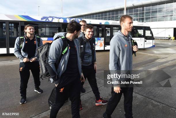 Ragnar Klavan of Liverpool before departing for the group E Champions League match between Sevilla and Liverpool at Liverpool John Lennon Airport on...