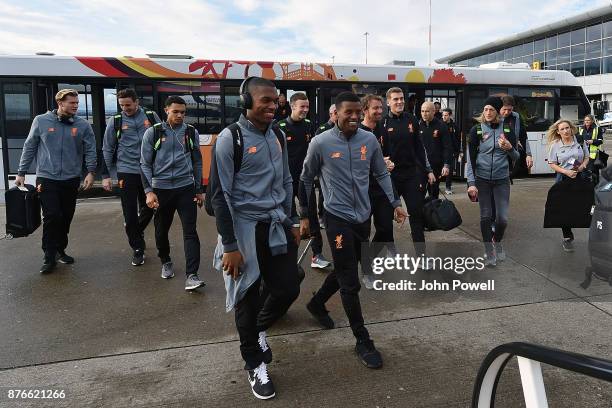 Daniel Sturridge and Georginio Wijnaldum of Liverpool before departing for the group E Champions League match between Sevilla and Liverpool at...