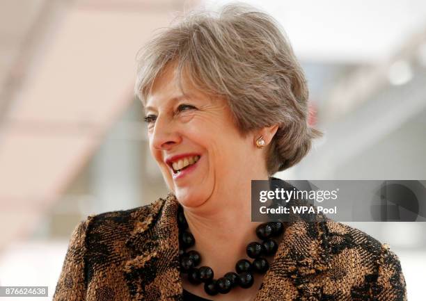 Prime Minister Theresa May visits an engineering training facility on November 20, 2017 in Birmingham, Untied Kingdom.