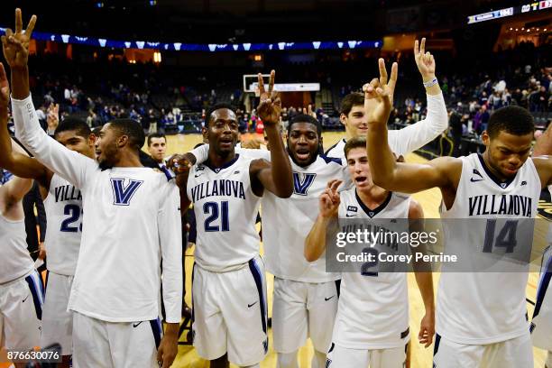 Dhamir Cosby-Roundtree of the Villanova Wildcats and his teammates show off the signature V after the win over the Lafayette Leopards at the PPL...