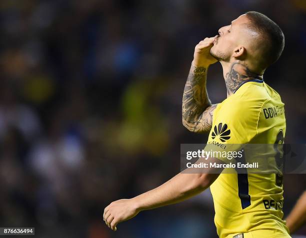 Dario Benedetto of Boca Juniors celebrates after scoring the first goal of his team during a match between Boca Juniors and Racing Club as part of...