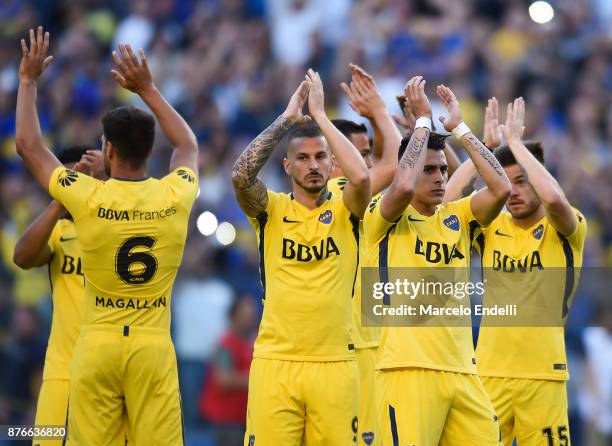 Players of Boca Juniors greet fans before a match between Boca Juniors and Racing Club as part of the Superliga 2017/18 at Alberto J. Armando Stadium...