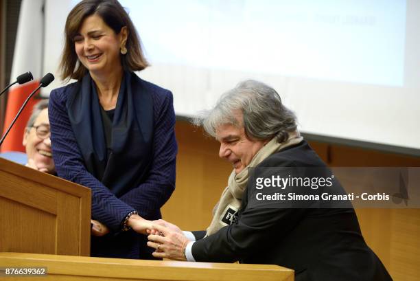 Renato Brunetta greets the President of the Chamber, Laura Boldrini during the Presentation of the book: "The challenge of the digital economy" on...