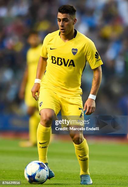 Cristian Pavon of Boca Juniors drives the ball during a match between Boca Juniors and Racing Club as part of the Superliga 2017/18 at Alberto J....