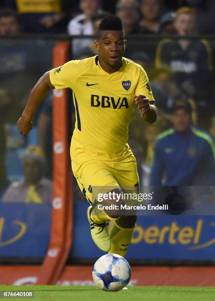 Frank Fabra of Boca Juniors drives the ball during a match between Boca Juniors and Racing Club as part of the Superliga 2017/18 at Alberto J....