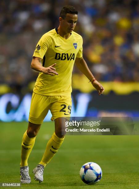 Leonardo Jara of Boca Juniors drives the ball during a match between Boca Juniors and Racing Club as part of the Superliga 2017/18 at Alberto J....