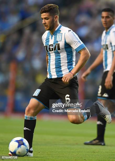 Miguel Barbieri of Racing Club drives the ball during a match between Boca Juniors and Racing Club as part of the Superliga 2017/18 at Alberto J....