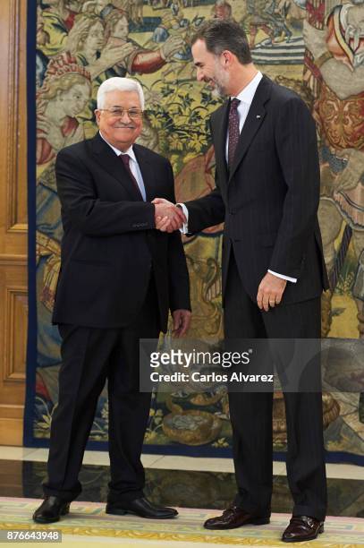 King Felipe VI of Spain reveives Palestinian President Mahmoud Abbas at the Zarzuela Palace on November 20, 2017 in Madrid, Spain.