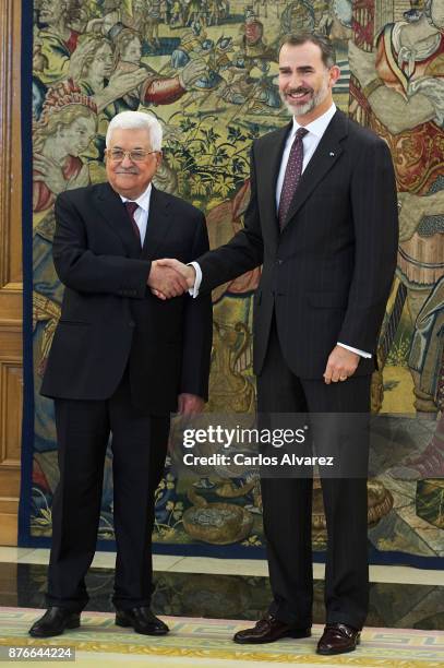 King Felipe VI of Spain reveives Palestinian President Mahmoud Abbas at the Zarzuela Palace on November 20, 2017 in Madrid, Spain.