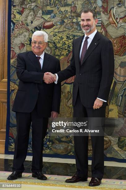 King Felipe VI of Spain reveives Palestinian President Mahmoud Abbas at the Zarzuela Palace on November 20, 2017 in Madrid, Spain.