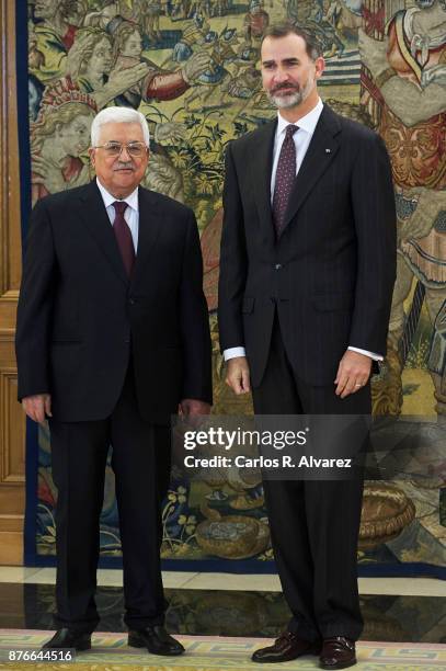 King Felipe VI of Spain reveives Palestinian President Mahmoud Abbas at the Zarzuela Palace on November 20, 2017 in Madrid, Spain.