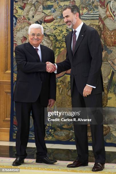 King Felipe VI of Spain reveives Palestinian President Mahmoud Abbas at the Zarzuela Palace on November 20, 2017 in Madrid, Spain.