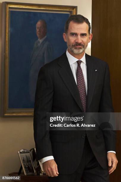 King Felipe VI of Spain reveives Palestinian President Mahmoud Abbas at the Zarzuela Palace on November 20, 2017 in Madrid, Spain.