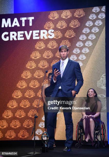 Matt Grevers holds the Golden Goggle award for Perseverance Award during the 2017 USA Swimming Golden Goggle Awards at J.W. Marriott at L.A. Live on...