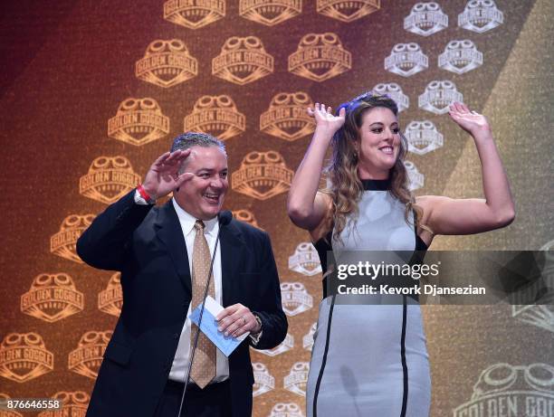George DiCarlo and Allison Schmitt announce the winner of Coach of theYear during the 2017 USA Swimming Golden Goggle Awards at J.W. Marriott at L.A....