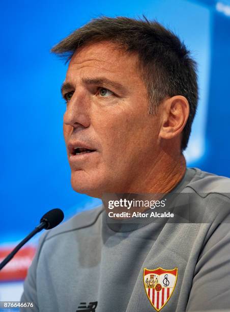 Head Coach of Sevilla FC Eduardo Berizzo attends the press conference prior to their Champions League match against Liverpool FC at the Sevilla FC...