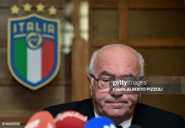 Italian Football Federation President Carlo Tavecchio looks on during a press conference after he resigned as Italy's World Cup qualifying fiasco saw...