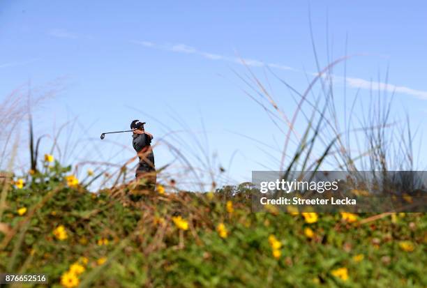 Austin Cook of United States plays his shot from the eighth tee during the final round of The RSM Classic at Sea Island Golf Club Seaside Course on...