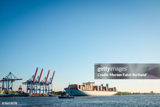 container cranes and ships at hamburg port against a blue spring sky - hamburg harbour stock-fotos und bilder