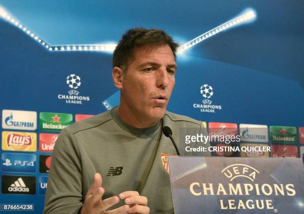 Sevilla's Argentinian coach Eduardo Berizzo speaks during a press conference at Ramon Sanchez Pizjuan stadium in Sevilla on November 20, 2017 on the...