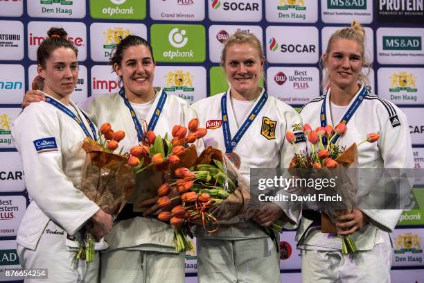 Under 78kg medallists L-R: Silver; Marhinde Verkerk , Gold; Guusje Steenhuis , Bronzes; Luise Malzahn and Karen Stevenson during the The Hague Grand...