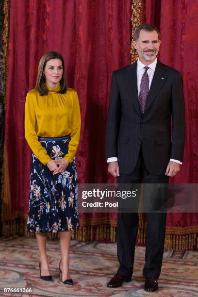 King Felipe VI of Spain aand Queen Letizia of Spain receive Palestinian President Mahmoud Abbas at the Royal Palace on November 20, 2017 in Madrid,...