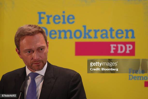 Christian Lindner, leader of the Free Democratic Party , pauses during a news conference at the FDP headquarters in Berlin, Germany, on Monday, Nov....