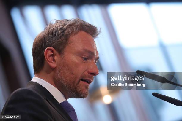 Christian Lindner, leader of the Free Democratic Party , speaks during a news conference at the FDP headquarters in Berlin, Germany, on Monday, Nov....