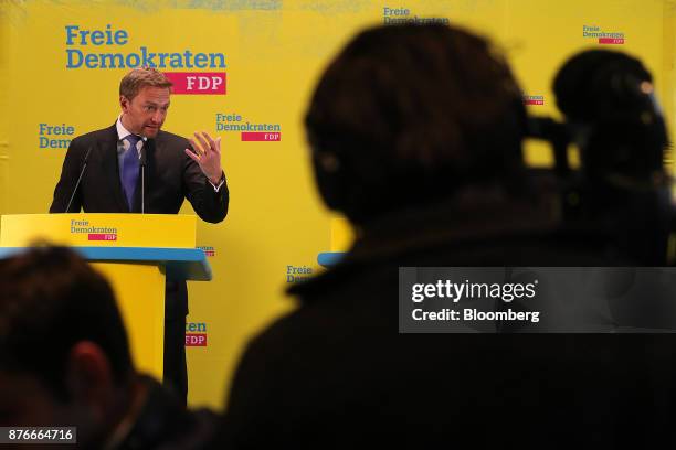 Christian Lindner, leader of the Free Democratic Party , gestures while speaking during a news conference at the FDP headquarters in Berlin, Germany,...