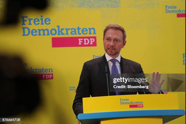 Christian Lindner, leader of the Free Democratic Party , speaks during a news conference at the FDP headquarters in Berlin, Germany, on Monday, Nov....