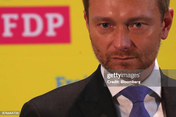 Christian Lindner, leader of the Free Democratic Party , pauses during a news conference at the FDP headquarters in Berlin, Germany, on Monday, Nov....