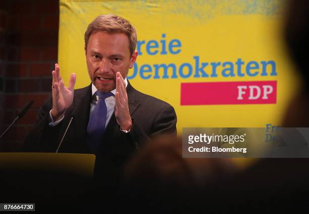 Christian Lindner, leader of the Free Democratic Party , gestures while speaking during a news conference at the FDP headquarters in Berlin, Germany,...