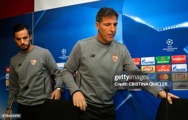 Sevilla's Argentinian coach Eduardo Berizzo and Sevilla's midfielder Pablo Sarabia arrive to give a press conference at Ramon Sanchez Pizjuan stadium...