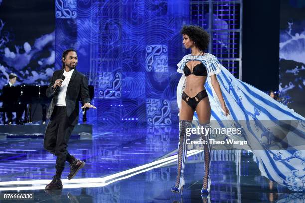 Miguel and Aiden Curtiss walk the runway during the 2017 Victoria's Secret Fashion Show In Shanghai at Mercedes-Benz Arena on November 20, 2017 in...