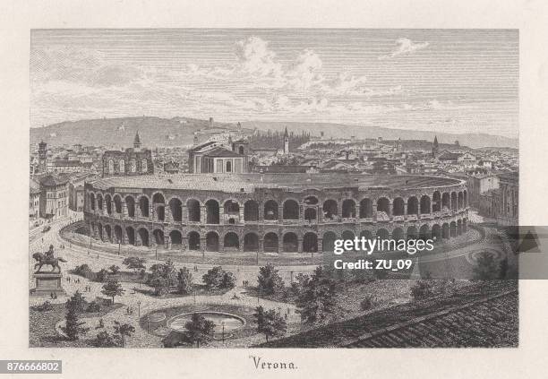 verona arena, italy, steel engraving, published in 1885 - arena di verona stock illustrations