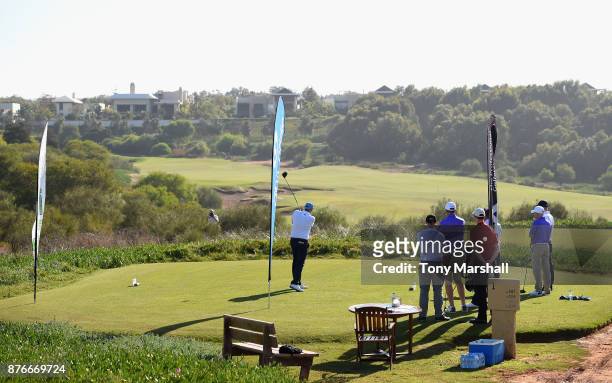 View of the 1st tee during the Practice Round of the SkyCaddie PGA Pro-Captain Challenge Grand Final at Mazagan Beach resort on November 20, 2017 in...