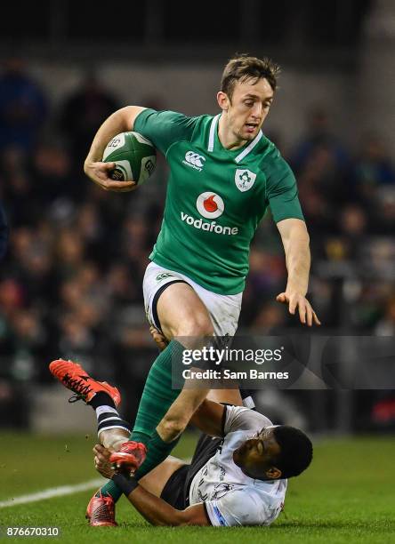 Dublin , Ireland - 18 November 2017; Darren Sweetnam of Ireland is tackled by Henry Seniloli of Fiji during the Guinness Series International match...