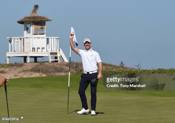 Cameron Clark of Moor Hall Golf Club celebrates making an eagle on the 8th hole during the Practice Round of the SkyCaddie PGA Pro-Captain Challenge...