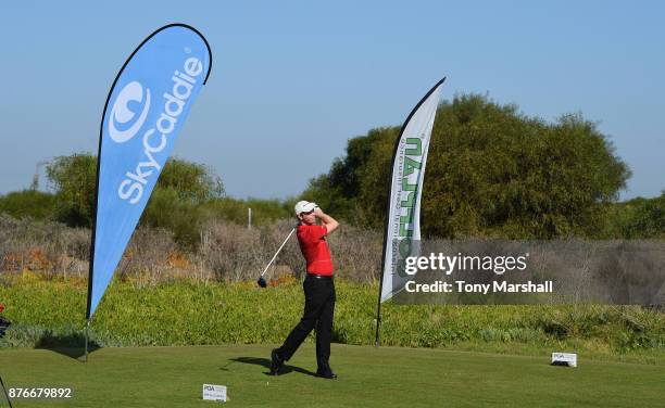 James Holmes, Skycaddie UK and European Sales Manager plays his first shot on the 1st tee during the Practice Round of the SkyCaddie PGA Pro-Captain...