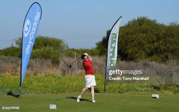 Chris Sands, Skycaddie UK Sales Representative plays his first shot on the 1st tee during the Practice Round of the SkyCaddie PGA Pro-Captain...