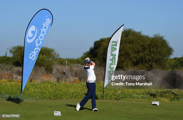 Colin Greenhill, Golfplan Commercial Directorr plays his first shot on the 1st tee during the Practice Round of the SkyCaddie PGA Pro-Captain...