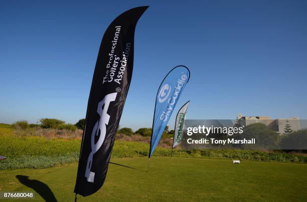 View of the 1st tee during the Practice Round of the SkyCaddie PGA Pro-Captain Challenge Grand Final at Mazagan Beach resort on November 20, 2017 in...