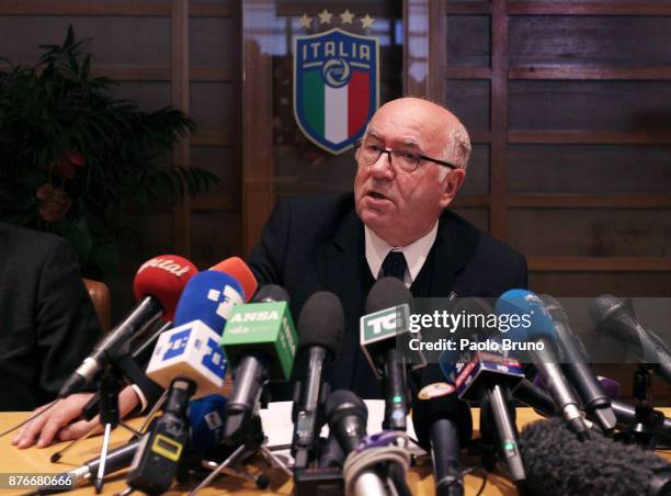 President Carlo Tavecchio attends the press conference after the Italian Football Federation Federal council meeting on November 20, 2017 in Rome,...