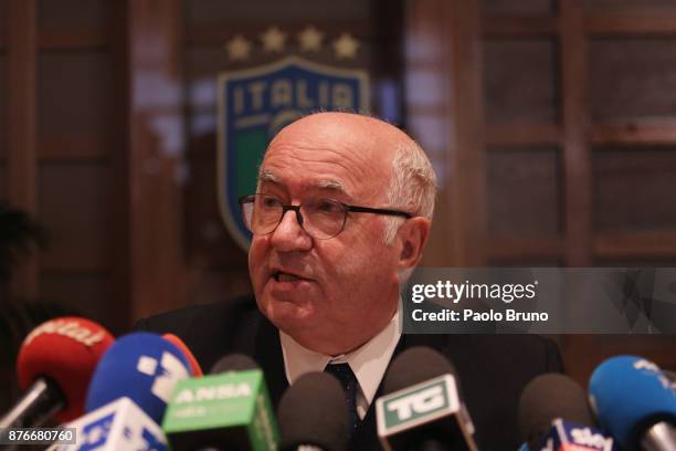 President Carlo Tavecchio attends the press conference after the Italian Football Federation Federal council meeting on November 20, 2017 in Rome,...