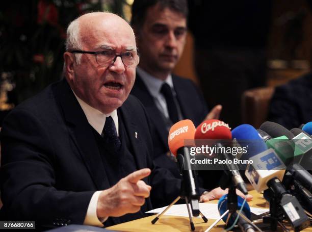 President Carlo Tavecchio attends the press conference after the Italian Football Federation Federal council meeting on November 20, 2017 in Rome,...