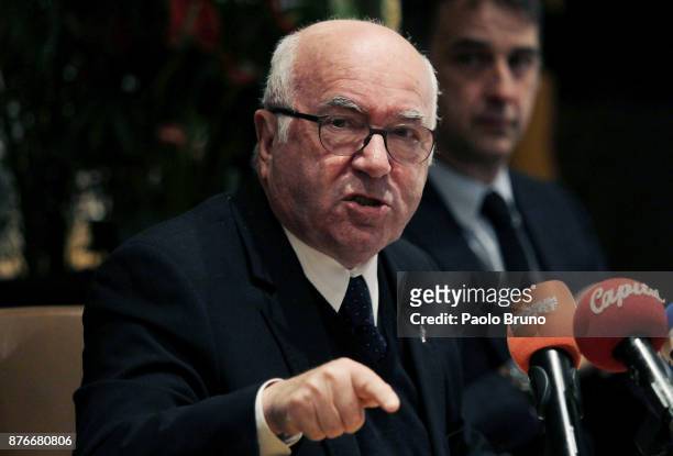 President Carlo Tavecchio attends the press conference after the Italian Football Federation Federal council meeting on November 20, 2017 in Rome,...